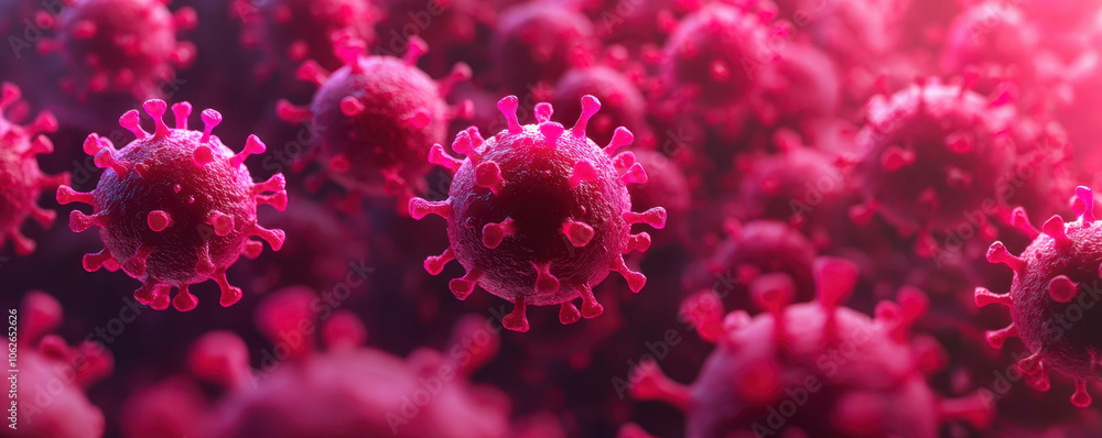 Digital scene depicting spread of acute disease with virus particles Digital scene depicting spread of acute disease with virus particles