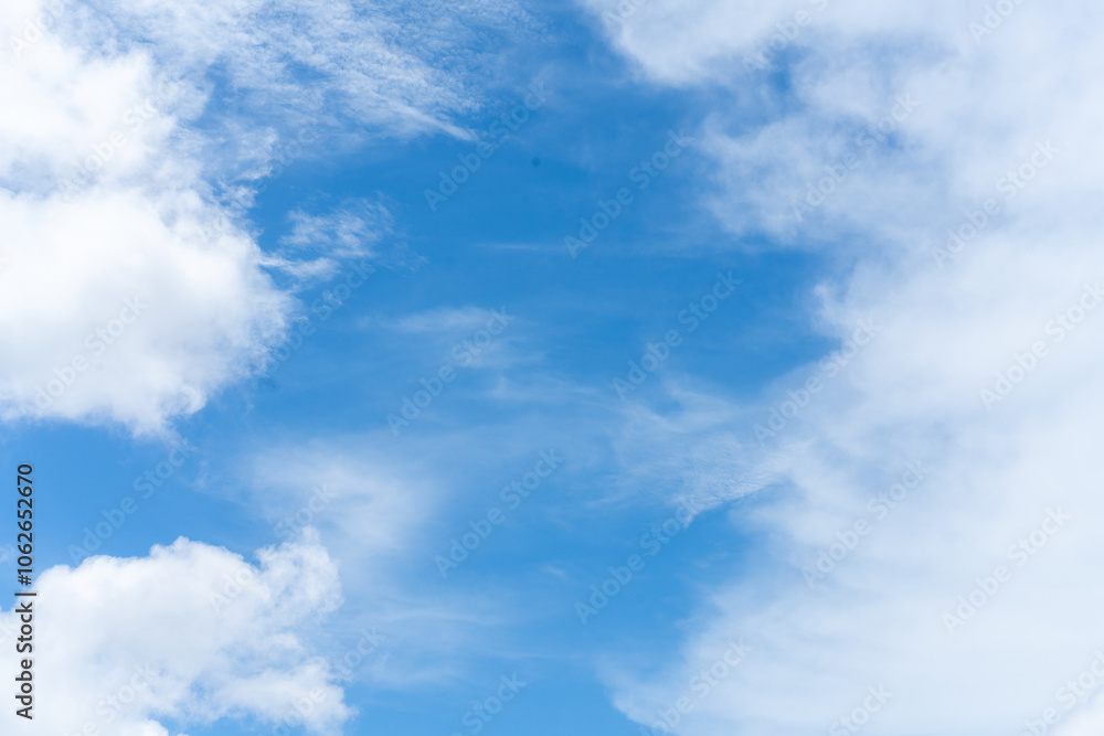 Blue sky adorned with fluffy white clouds throughout, creating a serene atmosphere. copy space. Blue sky adorned with fluffy white clouds throughout, creating a serene atmosphere. copy space.