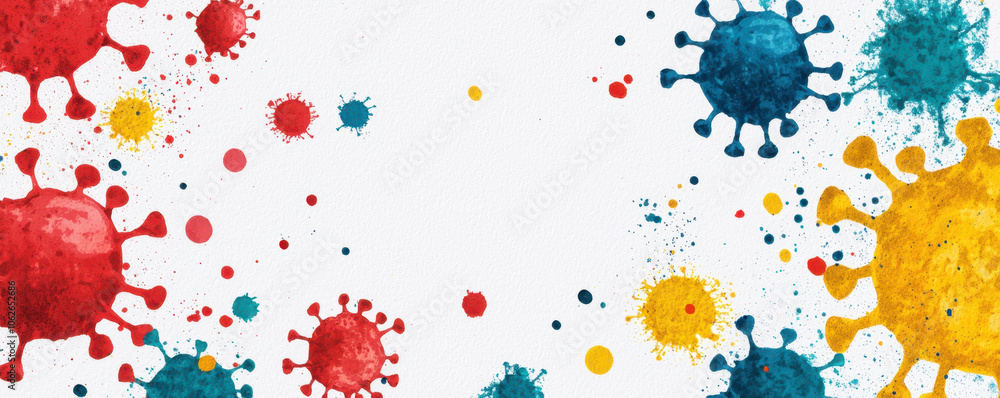 Vibrant graphic of viral particles in various colors, depicting infection Vibrant graphic of viral particles in various colors, depicting infection