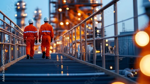 Industrial Workers Walking on a Platform, walkway, platform walkway, steel platform, refinery, oil refinery