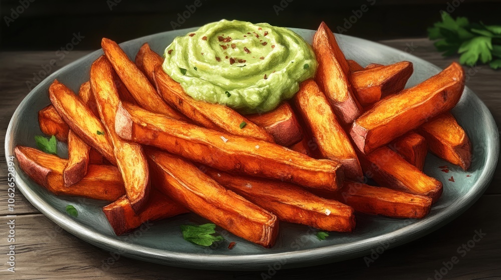 Plate of crispy sweet potato fries with a creamy avocado dip. Plate of crispy sweet potato fries with a creamy avocado dip.
