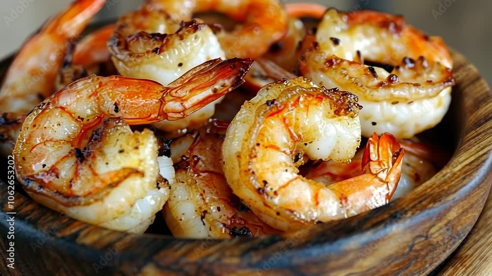 Grilled Shrimp in Wooden Bowl, prawns, seafood, barbecue, bbq, appetizer Grilled Shrimp in Wooden Bowl, prawns, seafood, barbecue, bbq, appetizer