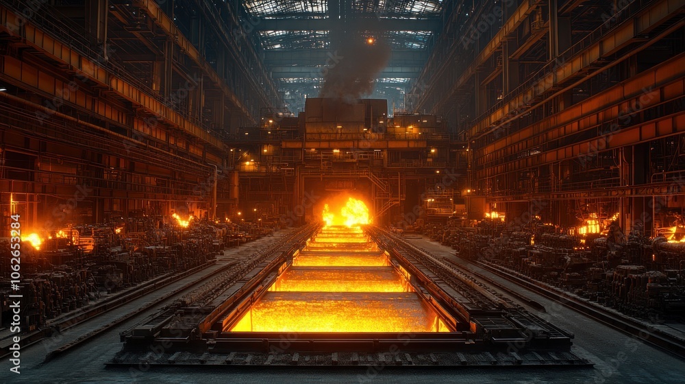 Industrial scene featuring molten metal in a large factory setting. Industrial scene featuring molten metal in a large factory setting.