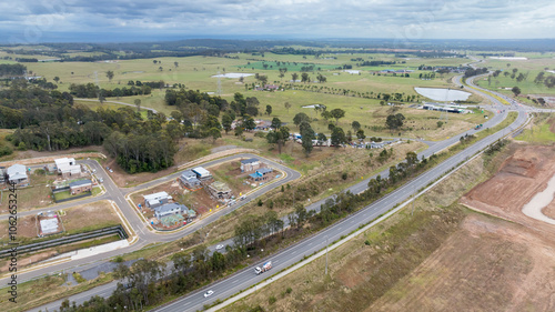 Photography Drone aerial photograph of construction and infrastructure development in the fast growing suburb of Oran Park in the high density development region of western Sydney, NSW Australia