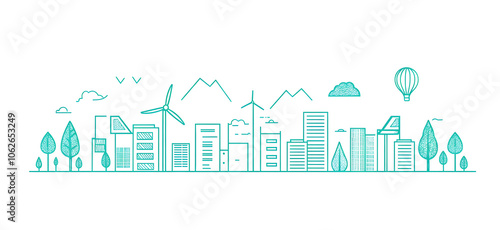 Sustainable Green City Line Illustration on white and transparent background. PNG