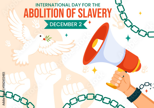 International Day for the Abolition of Slavery Vector Illustration on December 2, Featuring Symbols of Handcuffs, Chains, Pigeons in a Background