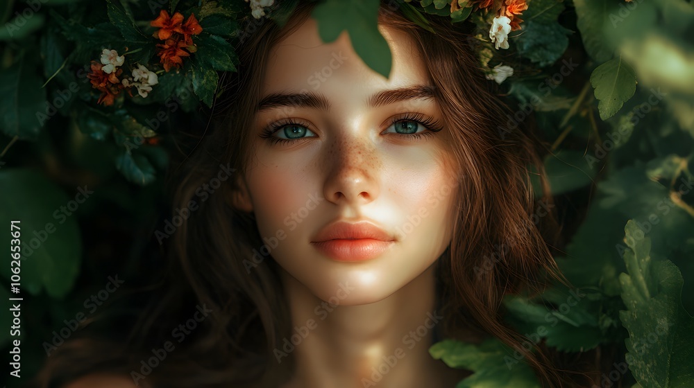 Naklejka premium A serene young woman with green eyes surrounded by lush foliage and flowers.