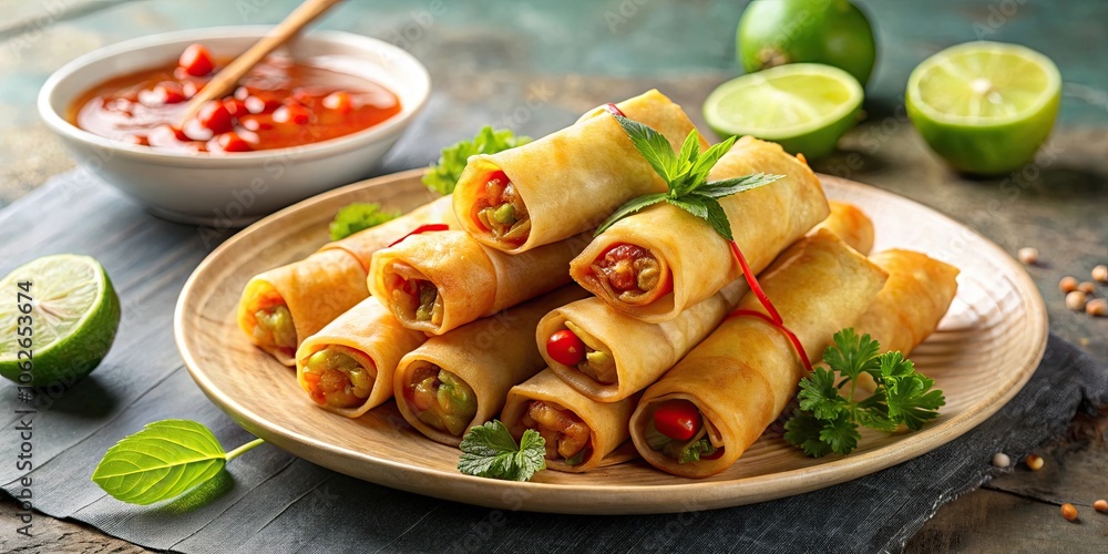 Fried spring rolls with sweet chili sauce and lime served on a plate, Asian cuisine, appetizer, food photography Fried spring rolls with sweet chili sauce and lime served on a plate, Asian cuisine, appetizer, food photography