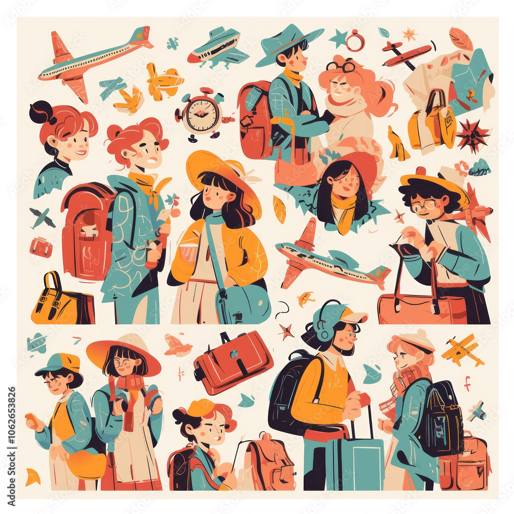 Fototapeta premium Illustration of People Traveling with Backpacks and Suitcases