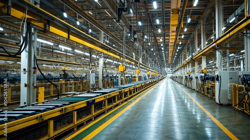 Modern Factory Assembly Line with Conveyor Belts, manufacturing, production, industry, machinery, automation Modern Factory Assembly Line with Conveyor Belts, manufacturing, production, industry, machinery, automation