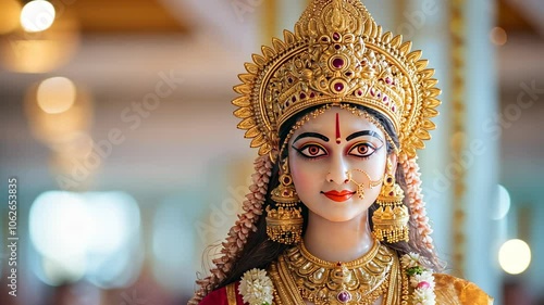 Hindu Goddess Statue with Gold Jewelry, Deity, Sculpture, Crown, Head, Face