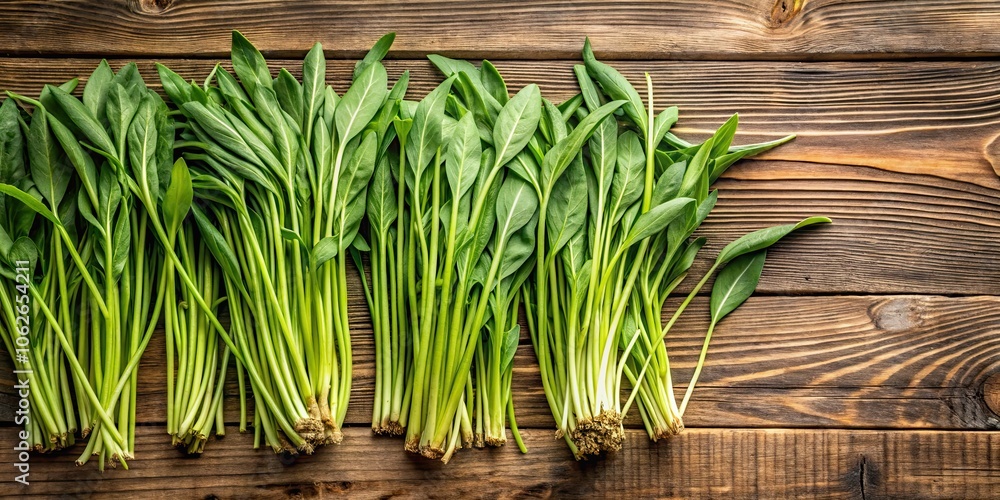 Water spinach leaves and stems arranged neatly on a rustic wooden background, water spinach, kangkong, vegetable, green, fresh Water spinach leaves and stems arranged neatly on a rustic wooden background, water spinach, kangkong, vegetable, green, fresh