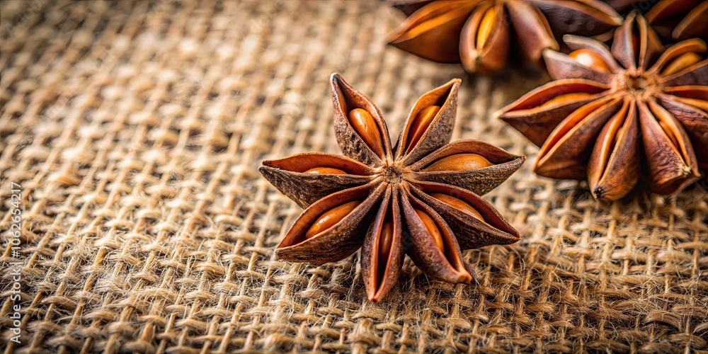 Close-up of star anise fruits with seeds on jute burlap surface in rustic style, star anise, spice, ingredient, food, aromatic Close-up of star anise fruits with seeds on jute burlap surface in rustic style, star anise, spice, ingredient, food, aromatic