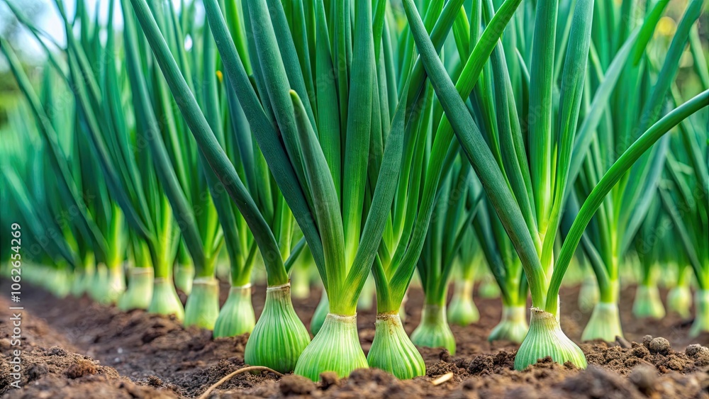 Green onions growing in rows on a garden ridge with vibrant green feathers , vegetables, gardening, fresh, organic Green onions growing in rows on a garden ridge with vibrant green feathers , vegetables, gardening, fresh, organic