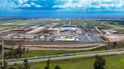 Drone aerial photograph of the new Western Sydney International Airport cargo precinct currently under construction in a large industrial development in greater Sydney, NSW Australia. photo