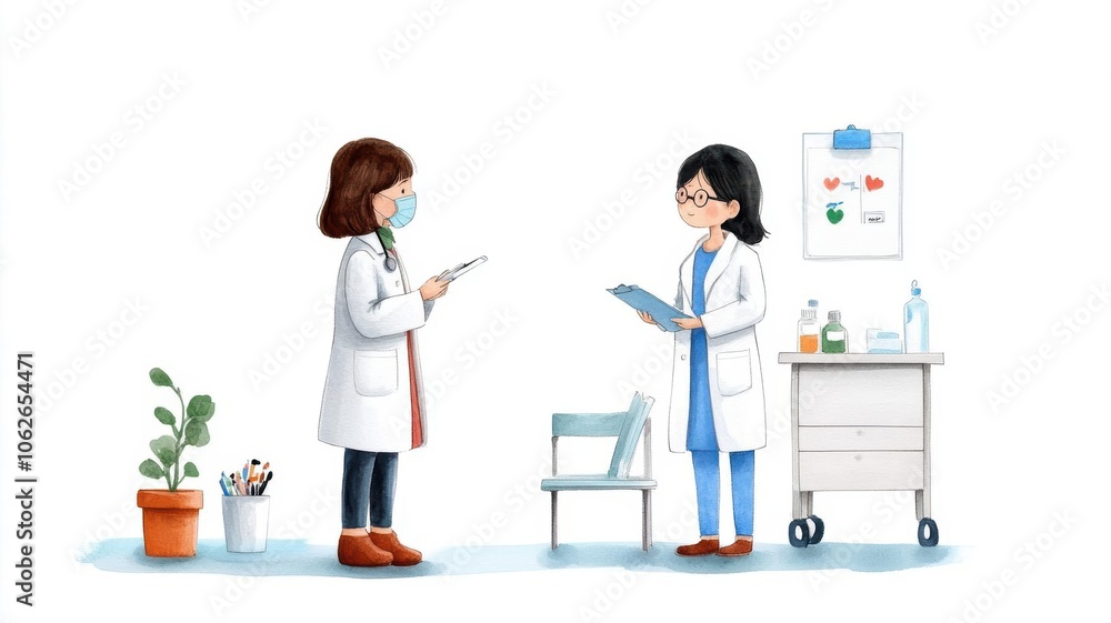 Cervical cancer diagnosis, symptoms and medical evaluation, first consultation, Watercolor style Cervical cancer diagnosis, symptoms and medical evaluation, first consultation, Watercolor style