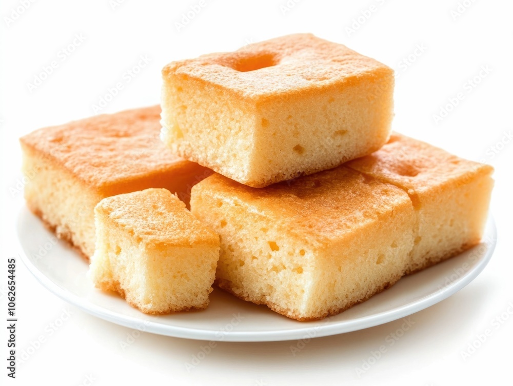 Delightful serving of khanom farang a traditional Thai sponge cake known for its light and fluffy texture presented on a minimalist white background Delightful serving of khanom farang a traditional Thai sponge cake known for its light and fluffy texture presented on a minimalist white background