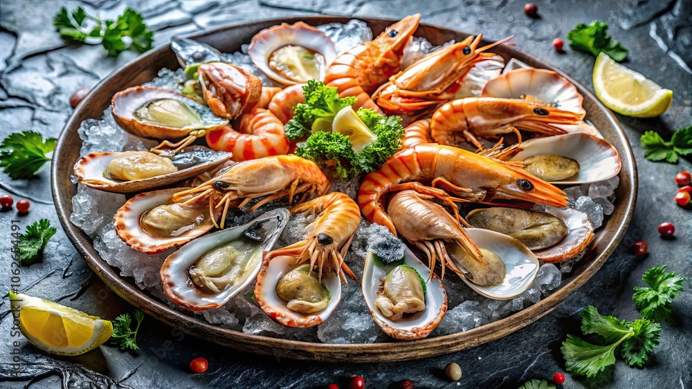 Close up of seafood prawns and fresh open oysters served on ice platter, seafood, prawns, oysters, fresh, close up Close up of seafood prawns and fresh open oysters served on ice platter, seafood, prawns, oysters, fresh, close up