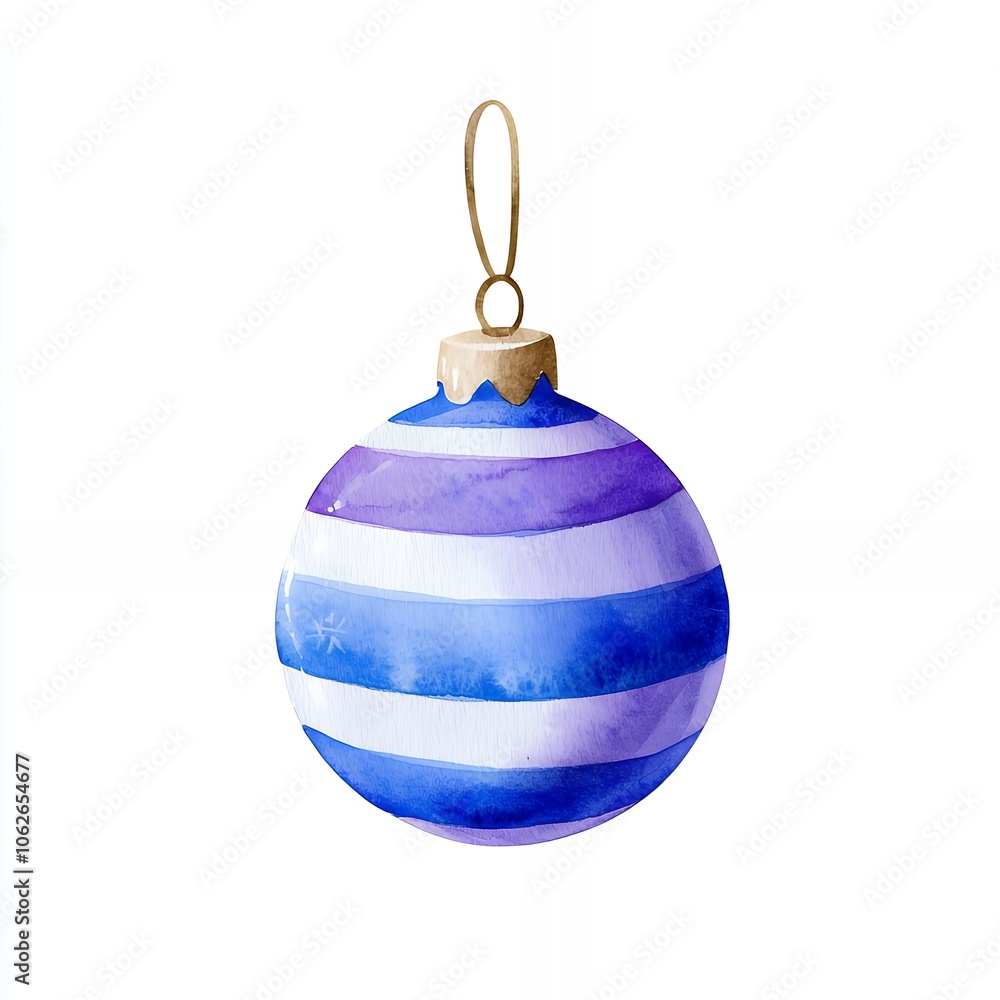 Watercolor illustration of a blue and purple striped Christmas ornament with a gold string. Watercolor illustration of a blue and purple striped Christmas ornament with a gold string.