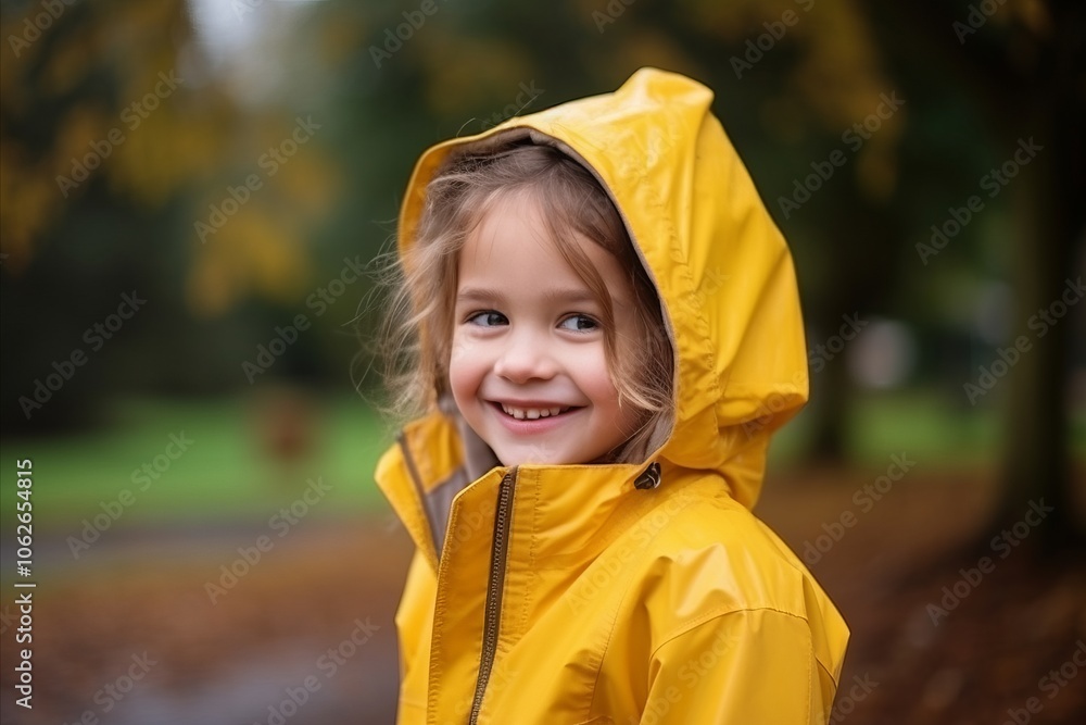 Portrait of a cute little girl in a yellow raincoat outdoors Portrait of a cute little girl in a yellow raincoat outdoors