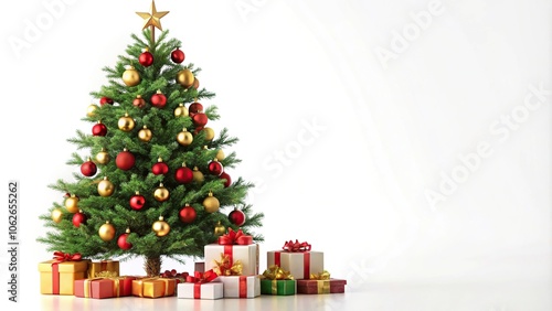 asymmetrical christmas tree with presents isolated on white background