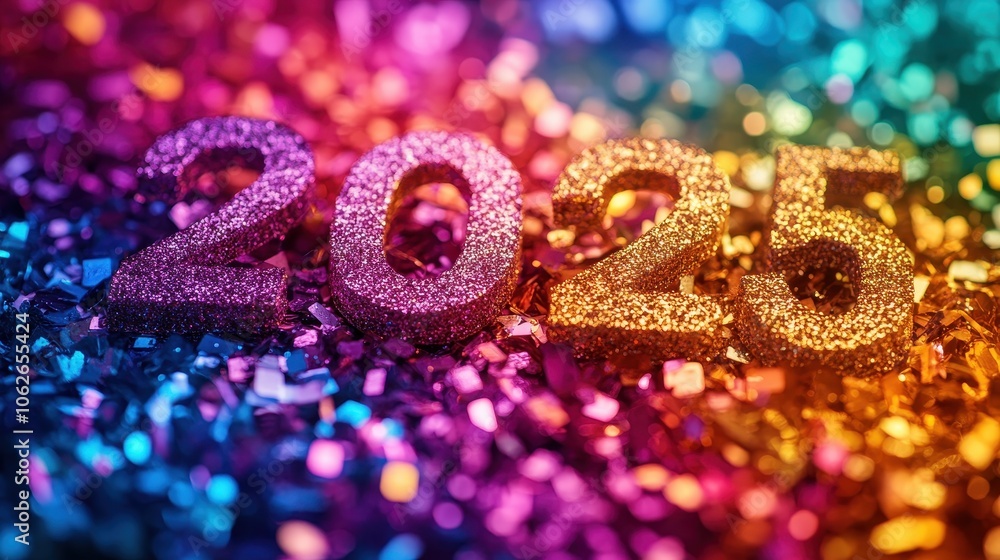Holiday background Happy New Year 2025. Rainbow colored numbers of year 2025. New Year greeting card./ Holiday background Happy New Year 2025. Rainbow colored numbers of year 2025. New Year greeting card./