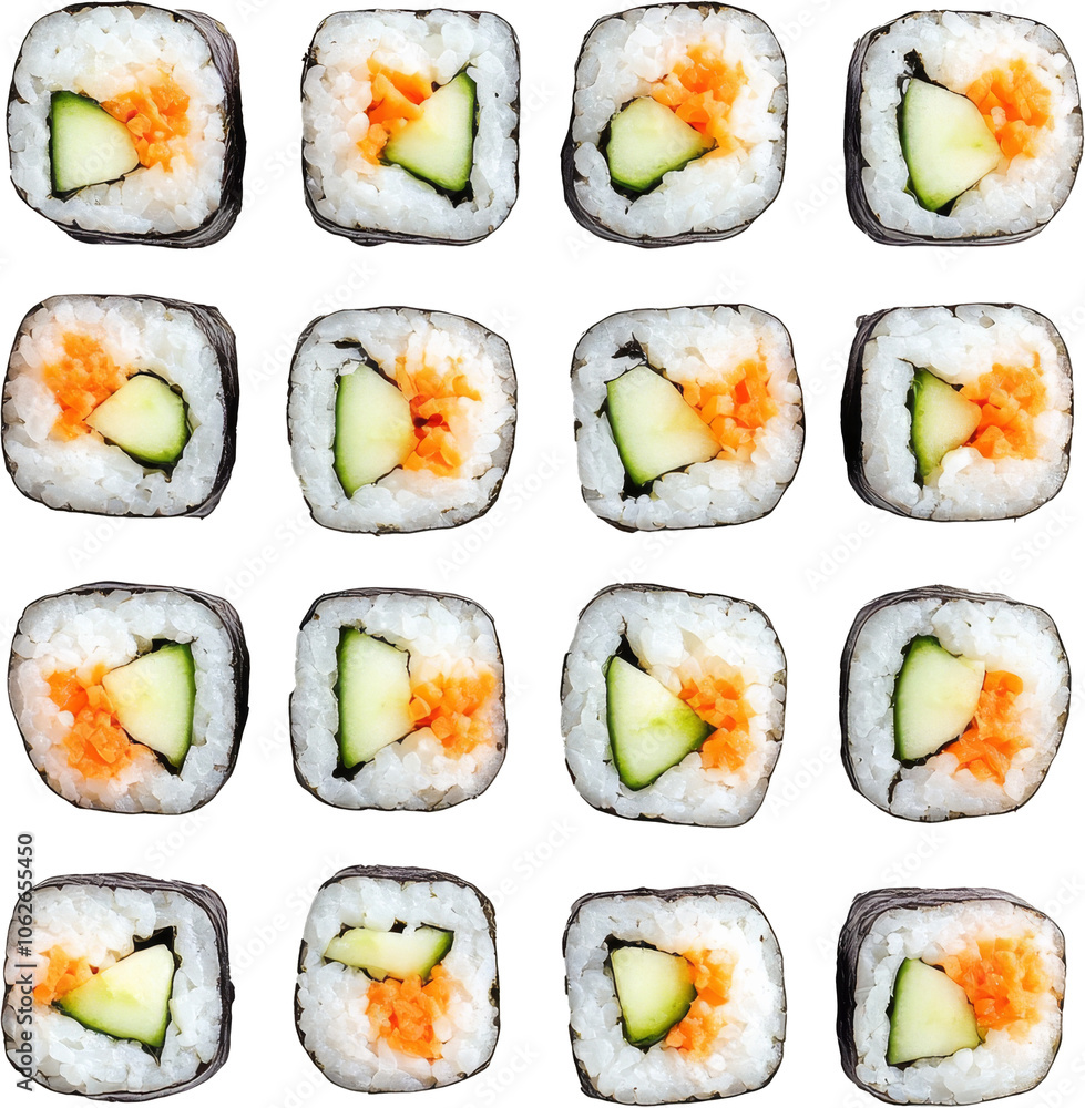 Sushi rolls with cucumber and carrot filling, transparent background. Japanese cuisine and seafood concept Sushi rolls with cucumber and carrot filling, transparent background. Japanese cuisine and seafood concept