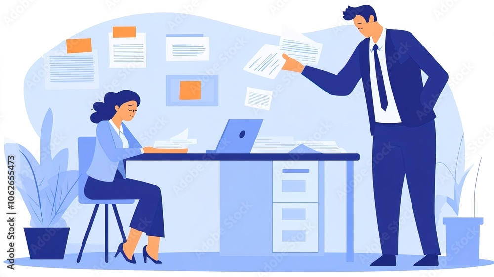 Boss standing over stressed employee, emphasizing the pressure and hierarchy in the workplace. Leadership and workplace dynamics. Boss standing over stressed employee, emphasizing the pressure and hierarchy in the workplace. Leadership and workplace dynamics.