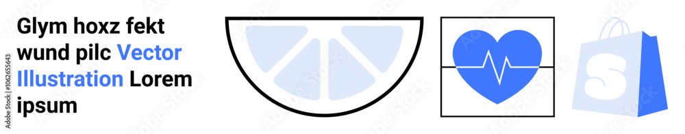 Stylized images of a lemon slice, a heartbeat monitor inside a heart shape, and a blue shopping bag. Ideal for health, wellness, shopping, citrus products, and e-commerce themes. Landing page Stylized images of a lemon slice, a heartbeat monitor inside a heart shape, and a blue shopping bag. Ideal for health, wellness, shopping, citrus products, and e-commerce themes. Landing page