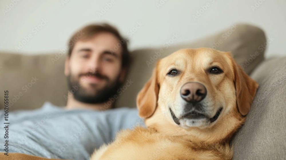 A man relaxes comfortably on a sofa his loyal canine companion by his side both exuding a sense of peace and contentment in this heartwarming domestic scene A man relaxes comfortably on a sofa his loyal canine companion by his side both exuding a sense of peace and contentment in this heartwarming domestic scene