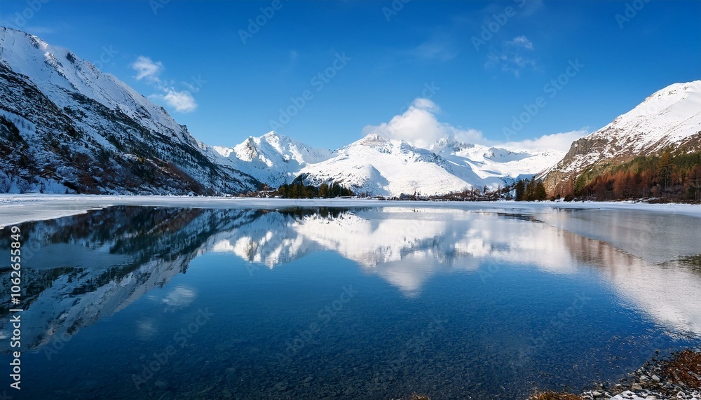 Snowy Peaks Reflecting on Frozen Lake Snowy Peaks Reflecting on Frozen Lake
