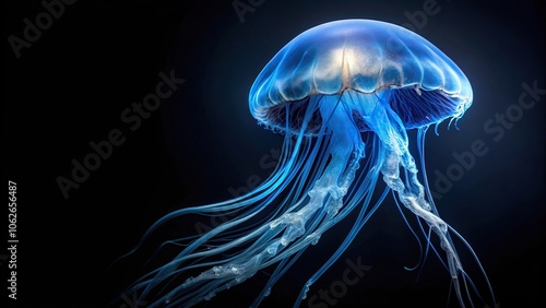 asymmetrical blue jellyfish swimming right on black background