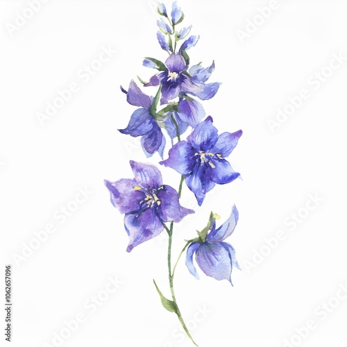 Firefly watercolor Larkspur flower branch, isolated on white 