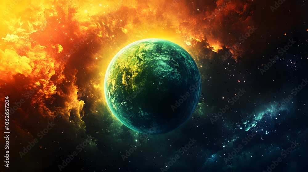 Fototapeta premium A vibrant, celestial view of a distant planet amidst a cosmic backdrop.
