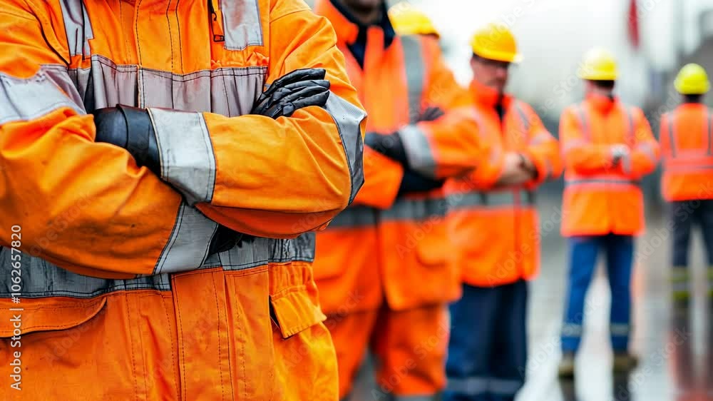 Construction Workers in Orange Safety Suits, team, teamwork, safety gear, high visibility, building Construction Workers in Orange Safety Suits, team, teamwork, safety gear, high visibility, building