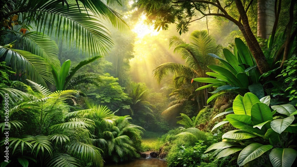 A serene and peaceful jungle scene with dense foliage and exotic plants, set against a warm and sunny background, tree trunks, wilderness, tropical plants, greenery, outdoors A serene and peaceful jungle scene with dense foliage and exotic plants, set against a warm and sunny background, tree trunks, wilderness, tropical plants, greenery, outdoors