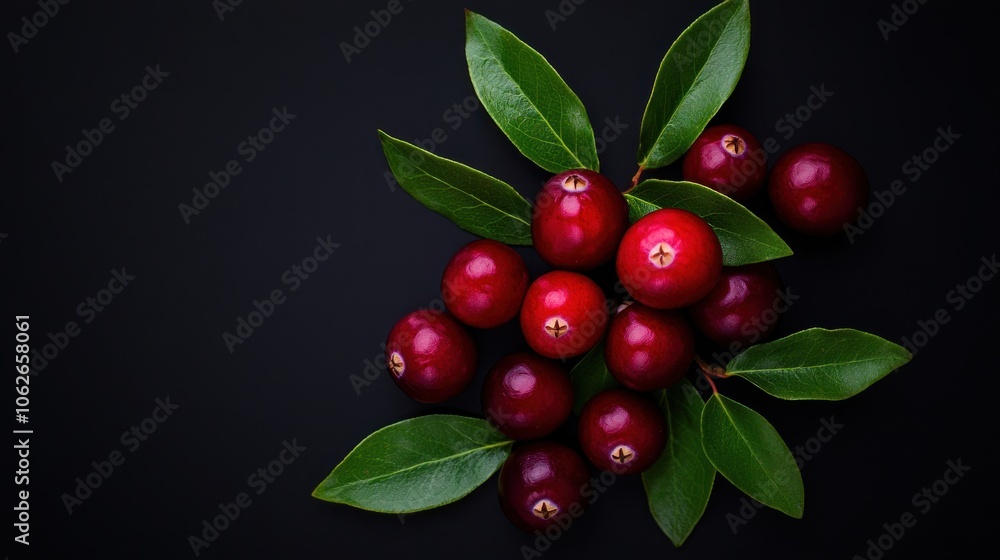 custom made wallpaper toronto digitalCranberries with Green Leaves on Black Background
