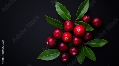 Wallpaper Mural Cranberries with Green Leaves on Black Background Torontodigital.ca
