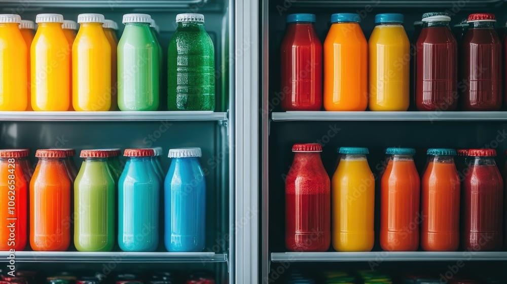 Vibrant fridge with rows of colorful drinks dairy products and snacks showcasing a neatly organized household interior with a deep depth of field Vibrant fridge with rows of colorful drinks dairy products and snacks showcasing a neatly organized household interior with a deep depth of field