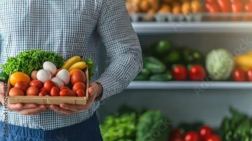 The image shows a person s hands a refrigerator with a variety of fresh healthy groceries including fruits vegetables eggs and dairy products photo