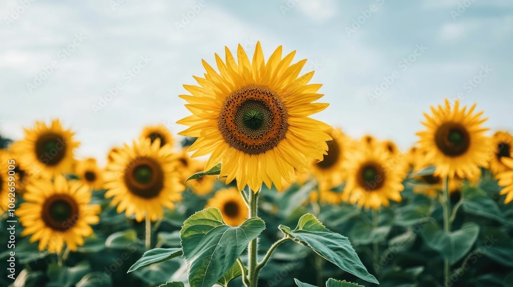 Obraz premium Bright golden sunflowers standing tall and proud in a vast scenic field their vibrant yellow petals glowing in the warm afternoon sunshine The flowers are surrounded by lush verdant foliage