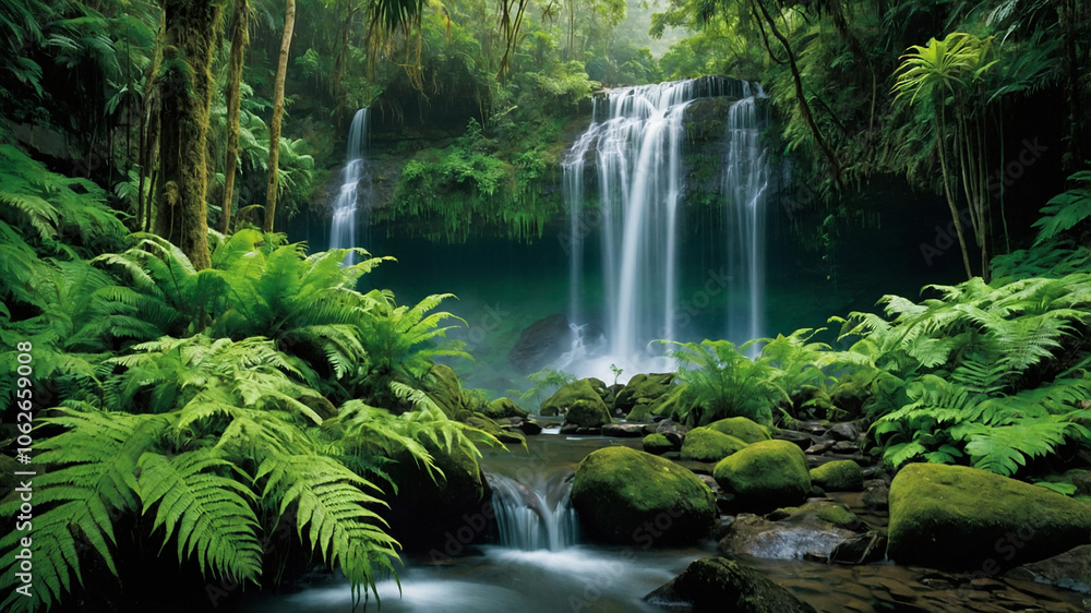 Beautiful waterfall in a lush jungle setting, surrounded by vibrant green plants and crystal-clear water, evoking tranquility and natural beauty. Beautiful waterfall in a lush jungle setting, surrounded by vibrant green plants and crystal-clear water, evoking tranquility and natural beauty.