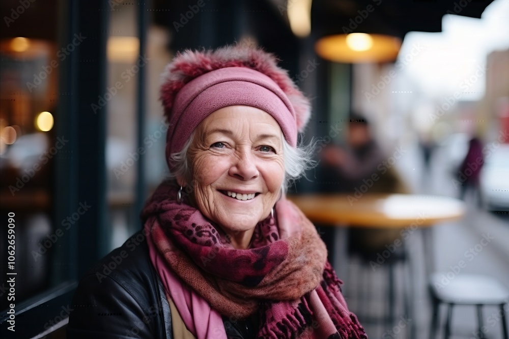 Portrait of a happy senior woman in a hat and scarf in a cafe Portrait of a happy senior woman in a hat and scarf in a cafe
