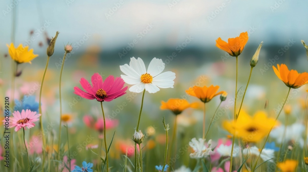 Fototapeta premium Captivating image of a colorful array of wildflowers growing in a serene picturesque meadow landscape The image showcases a soft dreamy and romantic atmosphere with a shallow depth of field