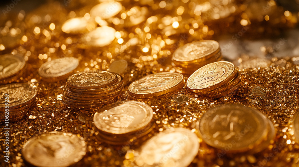 A close-up view of a treasure trove filled with shimmering gold coins scattered on the surface A close-up view of a treasure trove filled with shimmering gold coins scattered on the surface