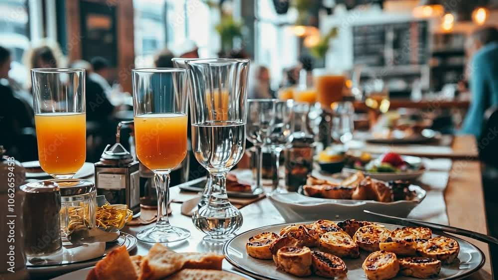 Brunch Table Setting with Orange Juice, Water, and Appetizers, breakfast, pastries, food, drink, glass Brunch Table Setting with Orange Juice, Water, and Appetizers, breakfast, pastries, food, drink, glass