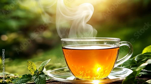 Hot Tea with Steam in a Glass Mug, cup, drink, beverage, transparent, saucer