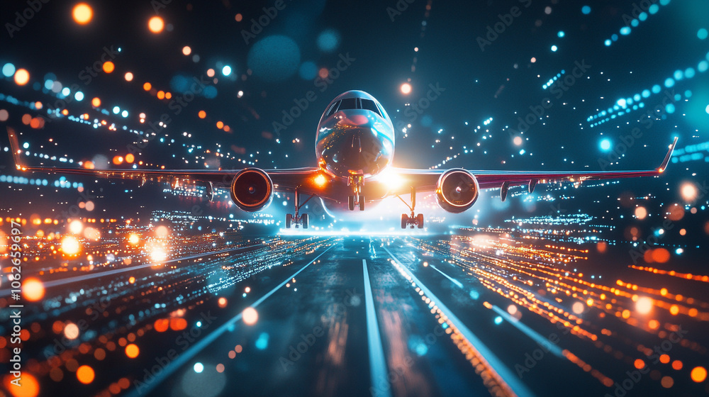 An airplane takes off against a backdrop of colorful lights and digital bokeh at night An airplane takes off against a backdrop of colorful lights and digital bokeh at night