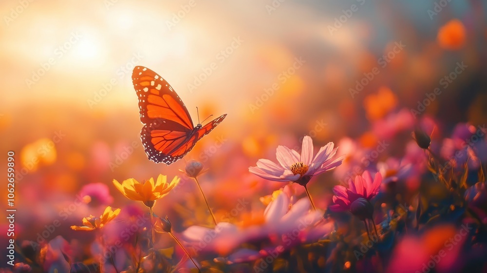 Field of colorful cosmos flower and butterfly in a meadow in nature in the rays of sunlight in summer in the spring close-up of a macro. A colorful artistic image with a soft focus, beautiful bokeh Field of colorful cosmos flower and butterfly in a meadow in nature in the rays of sunlight in summer in the spring close-up of a macro. A colorful artistic image with a soft focus, beautiful bokeh