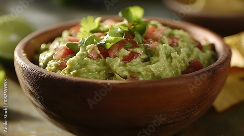 Bowl of fresh guacamole topped with tomatoes and cilantro.